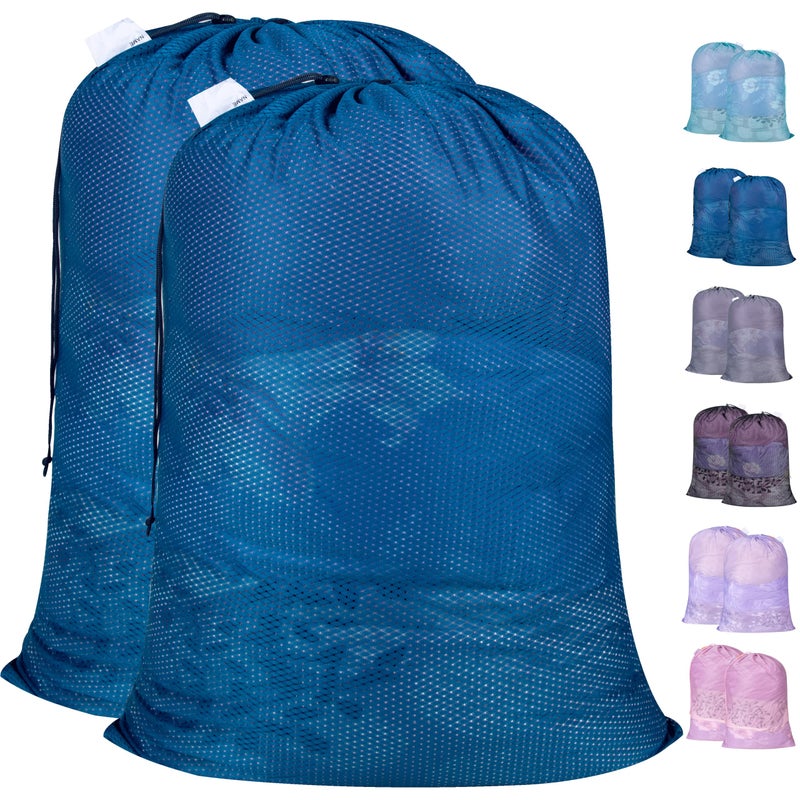 Polecasa Extra Heavy Duty Large Diamond Mesh Laundry Bags with Drawstring Closure & ID Tag, 2 Pack 24 x 36 inches Washable Storage Bag for College, Travel, Sports, Dorms, Blue - Image 1